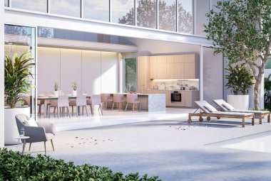 Modern tarzda yemek odası ve mutfağı olan modern tarzda beton teras. Beyaz Saray arka planında. Binanın içindeki gri mobilyalarla dekore edilmiş 3 boyutlu ışıkları açın.