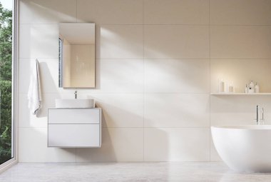 Asgari tarzda modern beyaz banyo, fotokopi alanı 3D çerçeveli, beyaz fayans duvar mermer zemin, bahçe manzarasına bakan geniş pencere var.