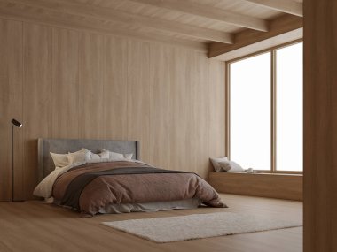 Modern yatak odasının içi ahşap malzemelerle dolu. Büyük pencereli 3D işlemeli. Odaya doğal ışık giriyor..