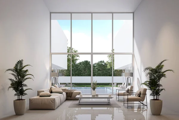 Minimal style modern white living room with swimming pool terrace 3d render,decorated with beige furniture,There are large door and window Overlooking nature view.