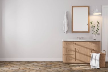 Modern çağdaş tarzda banyo, boş beyaz duvarlı 3D çizim için, kahverengi terracotta fayansları var ahşap tezgah lavabosuyla dekore edilmiş.