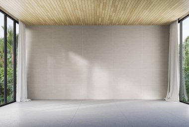 Modern contemporary loft style empty room with tropical style garden view 3d render,The room has concrete tiled floors and walls for copy space and wooden ceilings