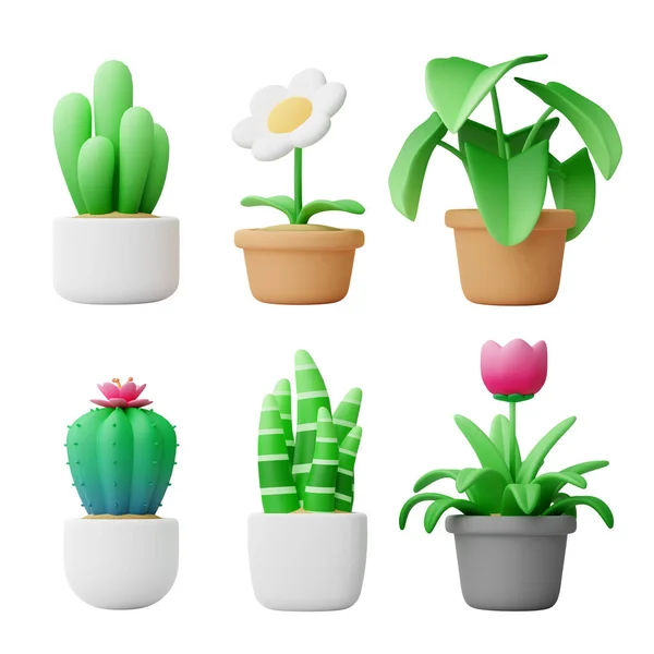 Set of small cute cartoon style colorful plant in pot for home interior decoration, 3D rendering illustration on white background with clipping path