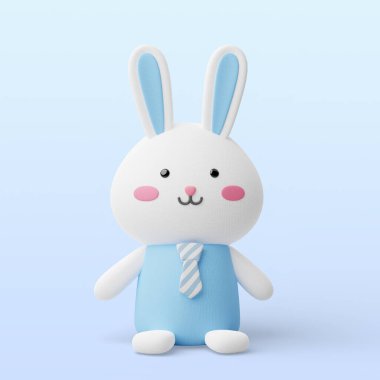 cute animal 3d character white male rabbit with blue body standing on gradient blue background illustration with clipping path