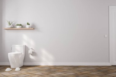 Modern contemporary style toilet with empty white wall for copy space 3d render, there are brown terracotta tile floors decorate with wooden shelf on the wall for placing potted plants