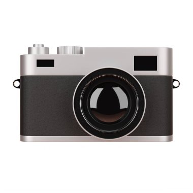 Front view of luxury digital camera is made of black leather material and silver color magnesium alloy isolated on white background with clipping path 3d render illustration