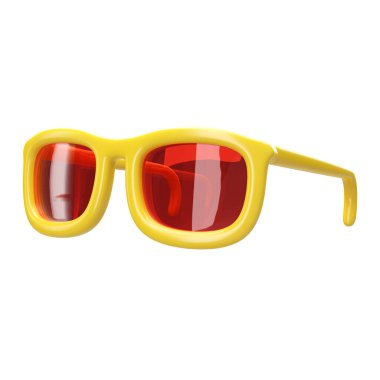 Cartoon style yellow sunglasses with transparent red lens on white background with clipping path 3d render illustration