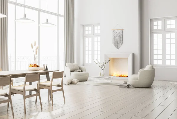 Minimal Style White Living Dining Room Furnished Modern Fireplace Flames — Stock Photo, Image