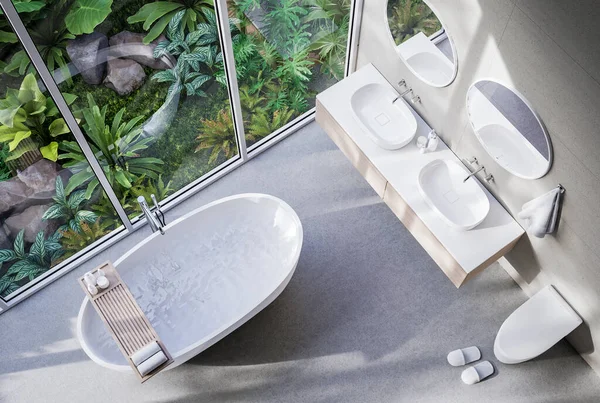 Top Pohled Moderní Moderní Podkrovní Styl Koupelna Tropickým Stylem Příroda — Stock fotografie