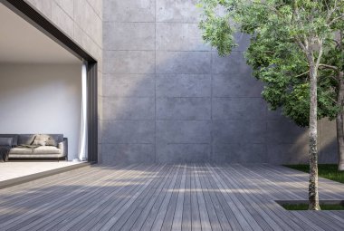 A large empty wooden terrace, loft style, between the living room and the garden 3d render, there are gray plank floor and blank concrete wall for copy space. clipart