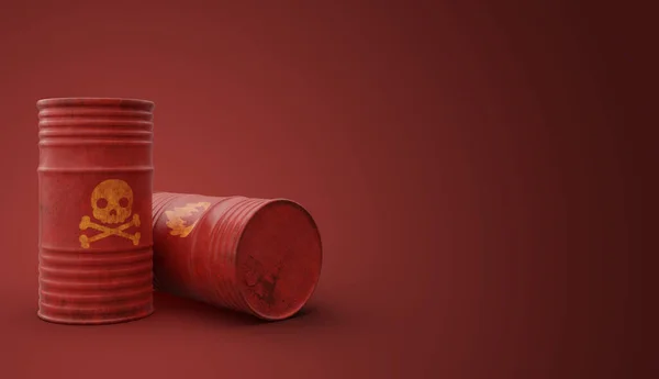 Barrels of dangerous chemicals and flammables, red old iron with rust, harmful to health and environment on red background with copy space 3d render illustration