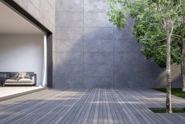 客厅和花园之间有一个宽敞而空旷的木制平台 阁楼风格 3D渲染 有灰色的木板地板和空白的混凝土墙作为复制空间 — 图库照片