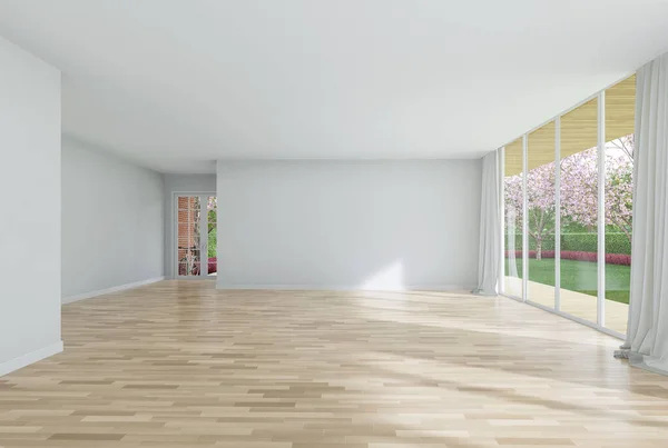 Modern style empty white house room interior with blank wall for copy space 3d render,There are wooden floors with large windows overlooking entrance door and nature view.