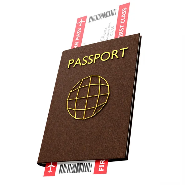Realistic 3d render passport and ticket with leather cover and golden text isolated on white background with clipping path.