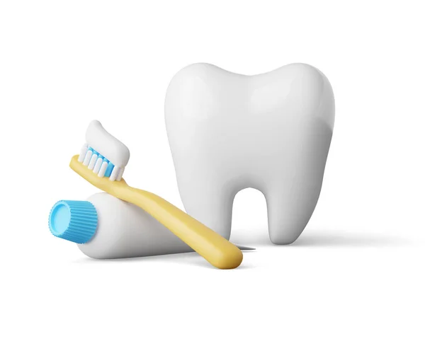 Λευκό Δόντια Χαριτωμένο Στυλ Κινουμένων Σχεδίων Διακοσμημένα Κίτρινη Οδοντόβουρτσα Και — Φωτογραφία Αρχείου