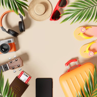 Kahverengi arkaplanda izole edilmiş kopya alanı olan seyahat tasarım ögesi grubu düz konsepti. Güneş ışığı 3d render illüstrasyonunu aydınlatır.