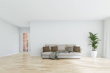 Modern tarz beyaz oturma odasının içi boş duvarlarla dolu 3D çizimler, geniş pencereli ahşap zeminler giriş kapısı ve doğa manzaralı..