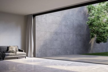 Çatı katı tarzı ahşap balkon manzaralı, çimento duvarlı, yeşil bahçeli, minimum tarzda modern beyaz oturma odası.