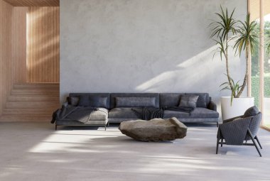 Modern çağdaş oturma odası, doğa manzaralı 3D döşemeli ahşap merdiven duvarı ve tavan ve koyu gri kumaş mobilyalarla dekore edilmiş fotokopi alanı için boş beton duvar var.
