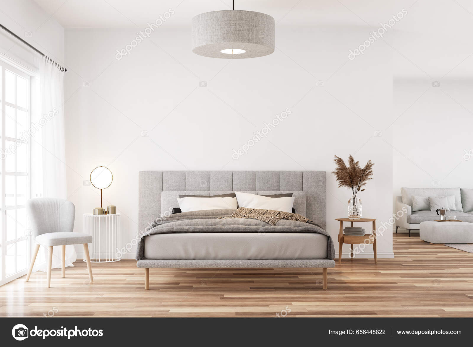 Estilo Moderno Dormitorio Blanco Sala Estar Render Habitación Tiene Suelo —  Foto de stock #656448822 © onzon, image size:1600x1175