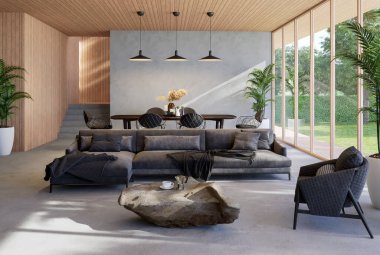 Modern çağdaş oturma ve yemek odası. Doğa manzaralı. 3D işlemeli. Ahşap duvar, tavan ve koyu gri kumaş mobilyalarla dekore edilmiş beton zemin var.