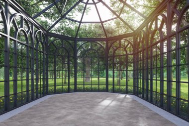 Modern klasik tarz şeffaf ev içi boş oda doğa manzaralı 3 boyutlu döşeme, fayans döşemesi, kemer şeklindeki pencereli cam duvarlar yeşil bahçeye bakan güneş ışığı odaya geri döndü..