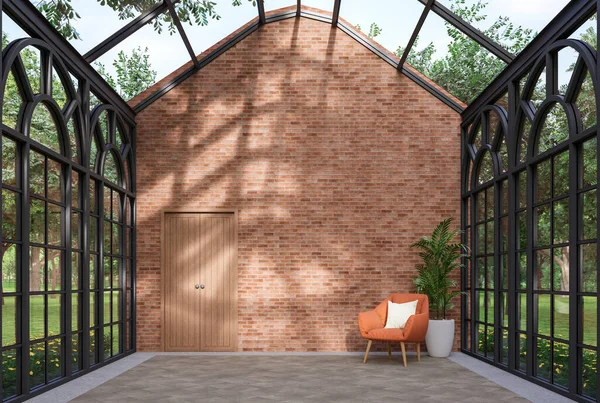 Industrial loft style transparent living room interior with blank brick wall for copy space 3d render, There are glass walls with arch shape window, overlooking green garden, sunlight into room.