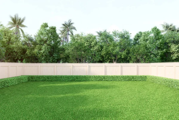 Empty Green Lawn Wooden Fence Surrounded Nature Background Render Illustration — Stock Photo, Image