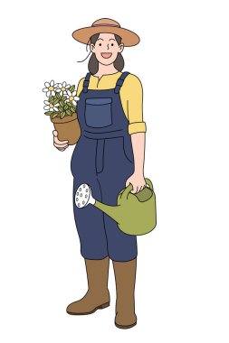 Sevimli bir çizgi film stili, gülümseyen bir kadın elinde bir saksı bitkiyle bahçe kıyafetleri giyer ve elinde beyaz arka planda izole edilmiş bir su bidonu tutardı..