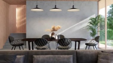 Modern çağdaş çatı katının animasyonu. Doğa manzaralı, 3 boyutlu, ahşap duvar, tavan ve koyu gri kumaş mobilyalarla dekore edilmiş beton zemin.