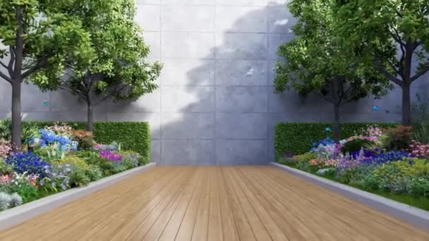 Animação Parede Concreto Exterior Vazio Para Espaço Cópia Com Jardim — Vídeo de Stock