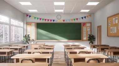 Modern stil sınıfının sabahki animasyonu 3D görüntüleme, odaların beyaz duvarları ve ahşap zeminleri var, tahta masalar ve sandalyelerle süslenmiş, kamera tahtaya doğru yaklaşıyor.