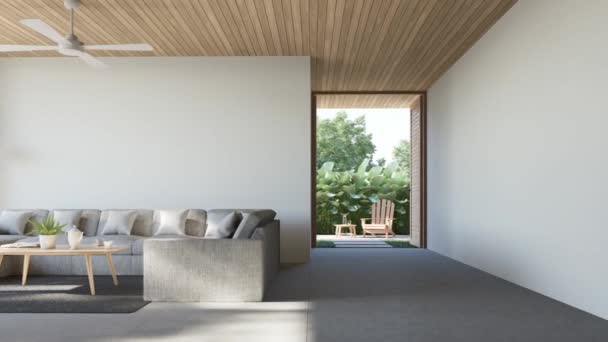Modern Çağdaş Oturma Odası Bahçeye Açılan Kapı Döşeme Odaları Beton — Stok video