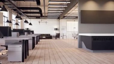 Modern tarz ofis animasyonu 3 boyutlu. Beyaz duvar, eski ahşap zemin. Beyaz deri mobilyalarla döşenmiş..
