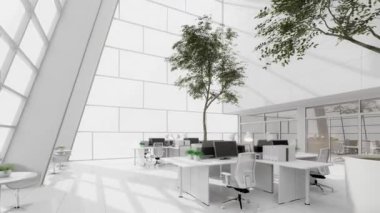 Minimum moden modren animasyon beyaz yüksek ve açık işyeri 3D render oda konforlu ve parlak birçok pencereden gelen doğal ışık ile siyah beyaz mobilya ile donatılmış