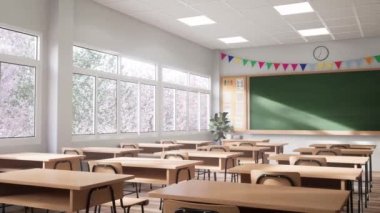 Modern stil sınıfının sabahki animasyonu, odaların beyaz duvarları ve ahşap zeminleri, ahşap masalar ve sandalyelerle süslenmiş, doğal manzaraya bakan geniş pencereleri var..