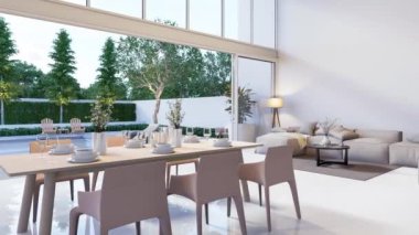 Modern Beyaz Saray 'ın animasyonu. 3 boyutlu. Yüzme havuzu terası ve doğa manzarasına bakan açık sürgülü kapı.