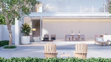 Yüzme havuzu terası animasyonu. Minimal tarzlı, modern beyaz ev arka planında. 3 boyutlu dekorasyon ahşap mobilyalarla süslenmiş.