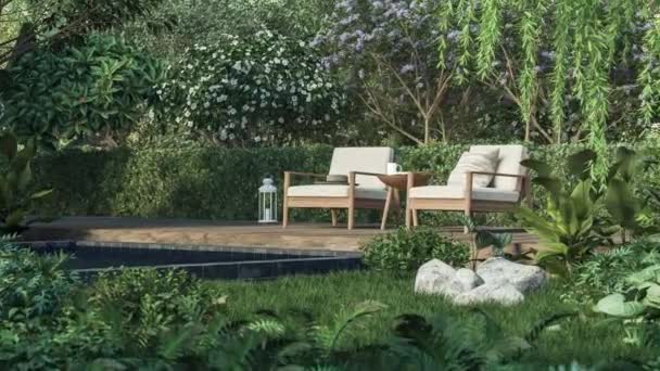 熱帯の庭での木製テラスのアニメーション3Dレンダリング 木製の床があります 緑の植物フェンス 木と白のファブリックチェアで飾られました 自然に囲まれています — ストック動画