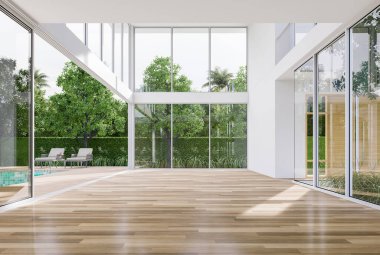 Minimal stil modern çim ev boş oda. Havuz kenarına açılan açık sürgülü kapı. 3D çizim, yeşil doğa ile çevrili.