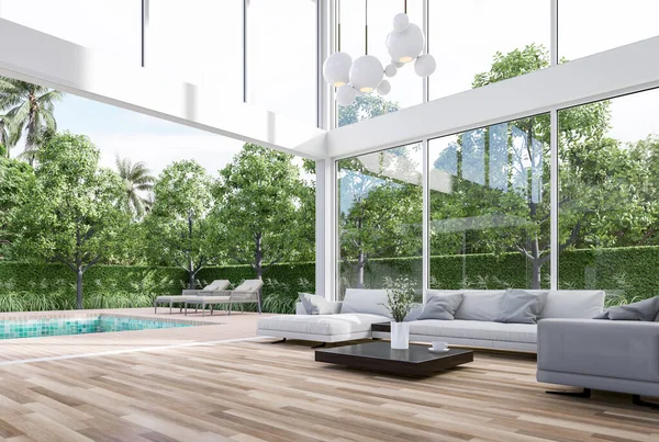白い家具で飾られたスイミングプールテラスの背景3Dレンダリング付きのミニマルスタイルの現代的な草の家のリビングルームには 大きなオープンスライドドアがあります — ストック写真