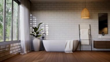 Modern çağdaş banyo animasyonu. Duvarı boş. 3D döşemeli. Ahşap zeminli oda. Beyaz tuğla desenli fayans duvarı. Doğaya bakan geniş pencereli.