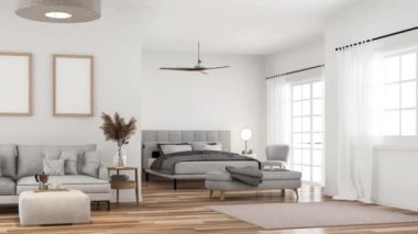 Modern tarz beyaz yatak odası ve oturma odasının animasyonu. Odanın parke zemininde açık gri kumaş mobilyalar ve şeffaf beyaz perdeler var. Odadan doğal ışık geliyor..