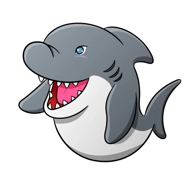 Szary Biały Słodkie Tłuszczu Kreskówka Rekin Otwarte Usta Uśmiechnięty Chytry — Wektor stockowy