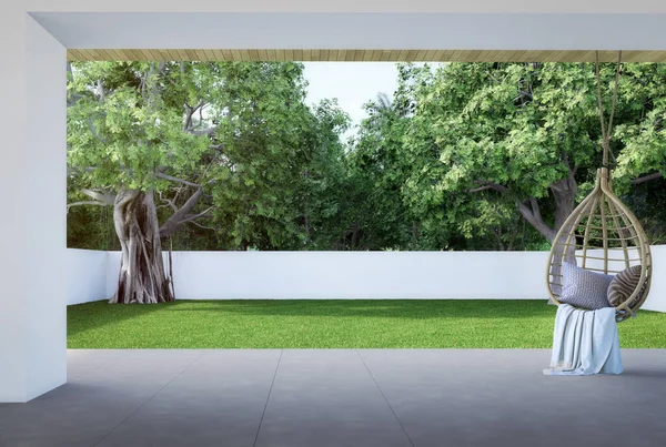 现代简约风格的带有藤蛋形转椅3D渲染装饰的阁楼平台 绿园中俯瞰大树的白墙混凝土瓷砖地板比比皆是 — 图库照片