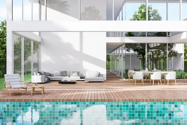 Style Moderne Maison Blanche Extérieure Avec Terrasse Bois Piscine Carrelage — Photo