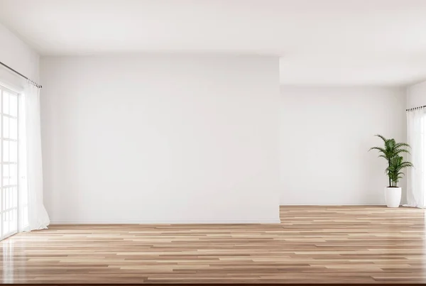 Modern style white empty room 3d render The room has a parquet floor decorated  translucent white curtains, natural light comes through the room.