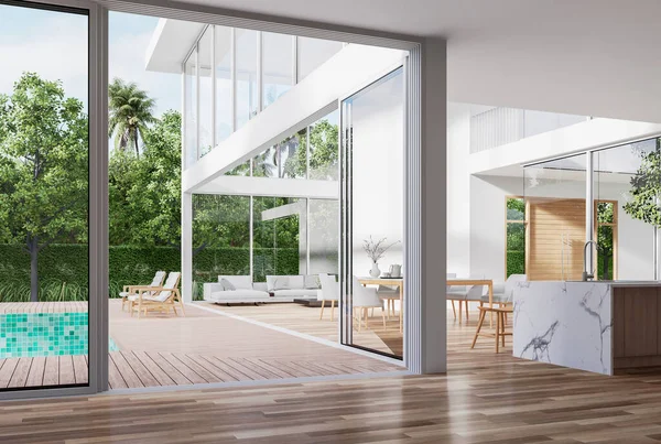 Modern style white house interior with wooden swimming pool terrace 3d render,decorated with white furniture,There are large open sliding door Overlooking nature view.