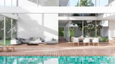 Animasyon, modern tarz beyaz ev dış görünüşü ahşap yüzme havuzu terası 3D görüntüsü, evin ortasındaki yeşil avluya bakan oturma ve yemek odası var..