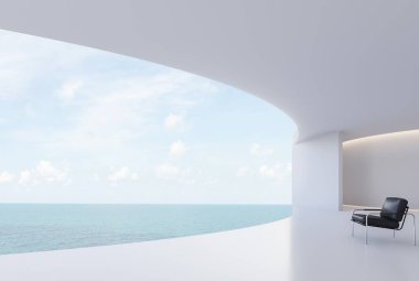 Minimum stil beyaz ev eğrisi, deniz manzaralı 3D, siyah deri koltukla dekore edilmiş, kopyalama alanı ile süslenmiş.